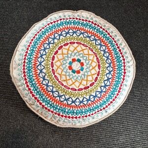 Boho Embroidered Round Mandala Throw Pillow Cream Multi Color 17‎ Inch Accent